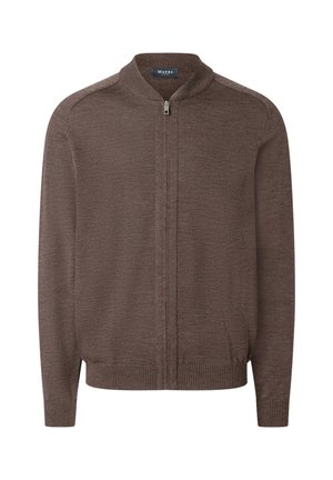 Brauner Reißverschlusscardigan aus einem weichen Strickmaterial. Verfügt über einen Stehkragen, gerippte Bündchen und Saum, mit einer glatten Textur und minimalistischem Design.