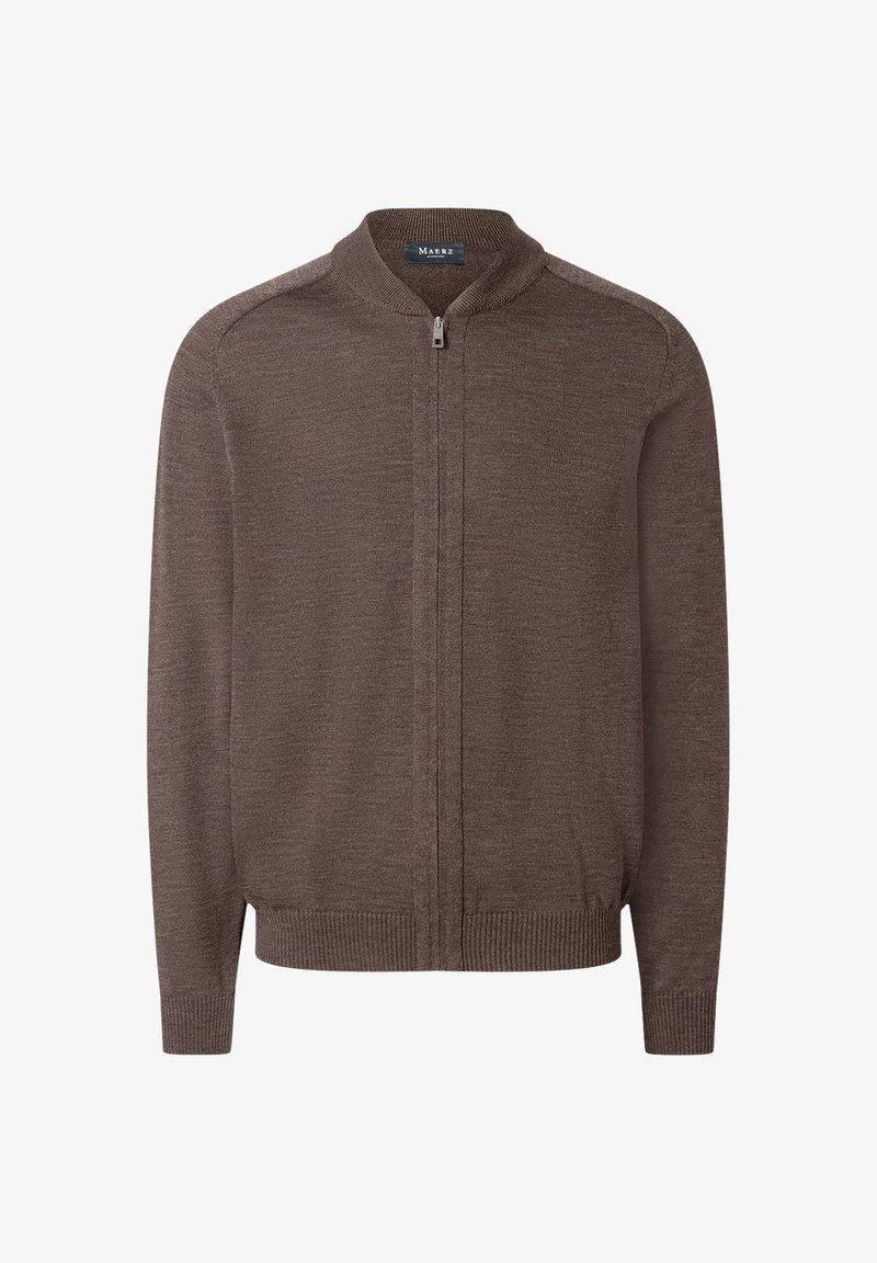 Brauner Reißverschlusscardigan aus einem weichen Strickmaterial. Verfügt über einen Stehkragen, gerippte Bündchen und Saum, mit einer glatten Textur und minimalistischem Design.