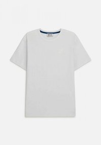 T-shirt bianco in cotone con maniche corte, scollatura rotonda e dettaglio del logo discreto sul davanti. Texture liscia e stile casual.