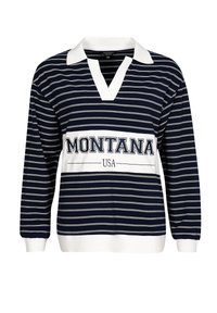 Pullover a righe blu navy e bianche con scollo a V e maniche lunghe. Presenta la scritta "MONTANA USA" in carattere audace sul petto. Materiale in misto cotone.