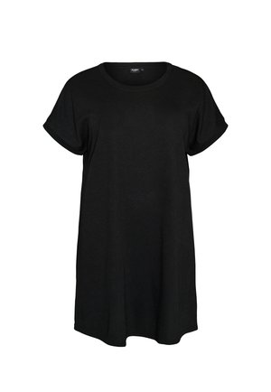 Schwarzes, kurzärmeliges, lockeres Kleid mit rundem Ausschnitt und umgeschlagenen Bündchen, gefertigt aus strukturiertem Stoff.