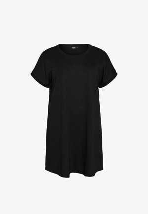 Czarna luźna sukienka z krótkim rękawem, o okrągłym dekolcie i podwiniętych mankietach, wykonana z teksturowanej tkaniny.