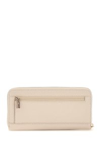 Portafoglio in pelle beige con chiusura a zip, tasca esterna con zip e dettagli in cucitura lungo i bordi. Texture liscia, forma rettangolare.