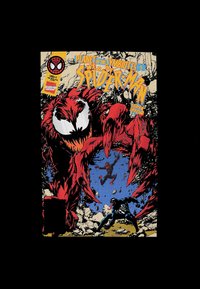 Obálka komiksu zobrazuje velkého červeného tvora s černýma očima a drápy, na modrém pozadí s troskami, a Spider-Mana v černém obleku v popředí.