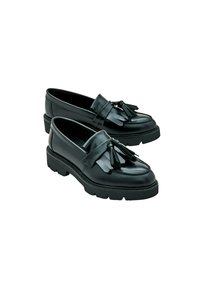 Zwarte leren loafers met een glanzende afwerking, voorzien van een franjes accent en een gepolsterde zwarte zool voor comfort. Gevoerde details langs de randen.