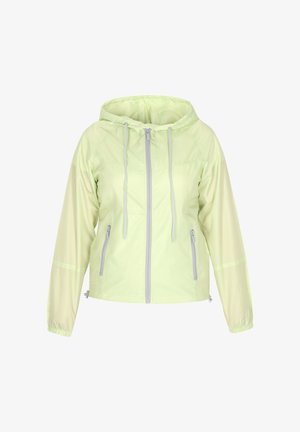 Hellgrüne, kapuzenjacke mit Reißverschluss vorne, elastischen Bündchen und Seitentaschen. Glattes, glänzendes Material mit feiner Textur und reflektierenden Akzenten.