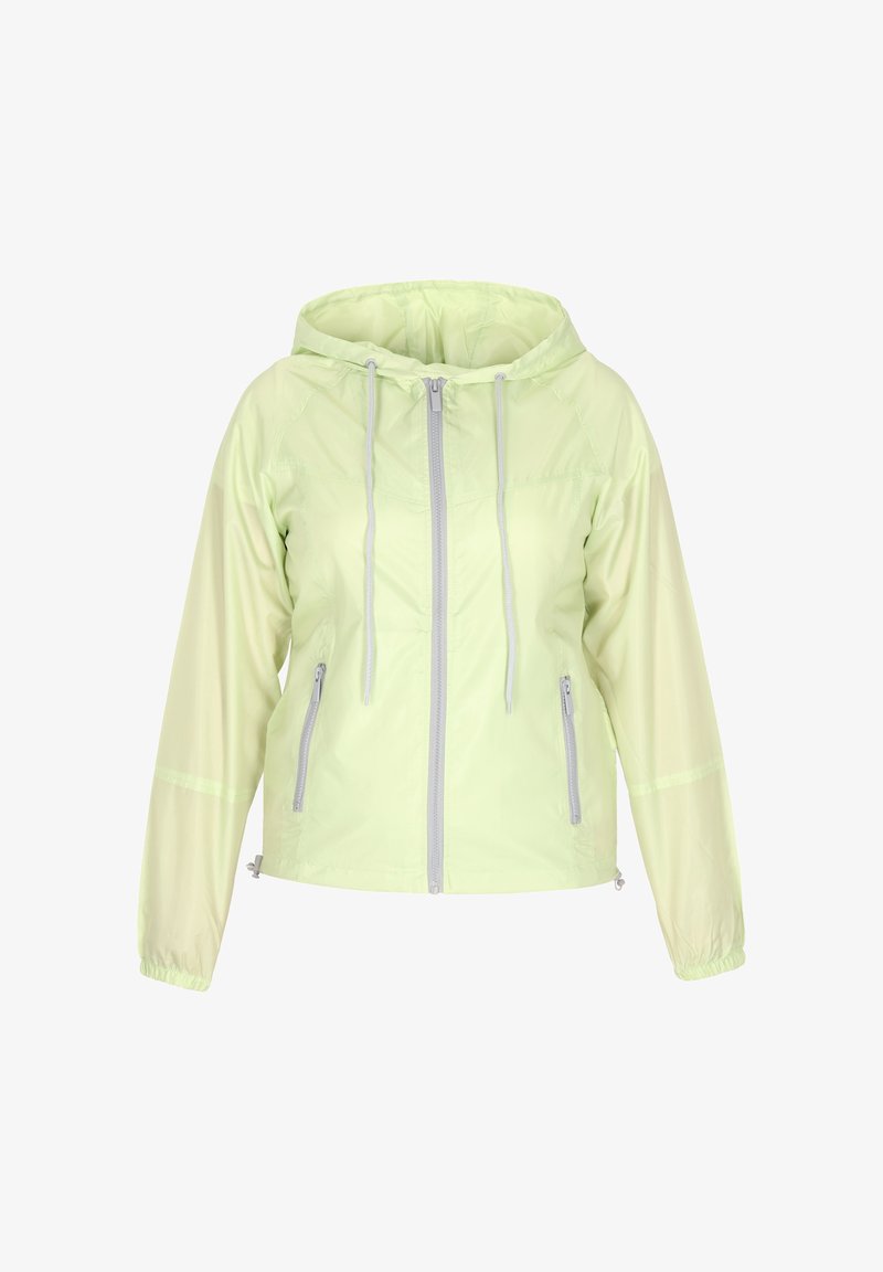 Hellgrüne, kapuzenjacke mit Reißverschluss vorne, elastischen Bündchen und Seitentaschen. Glattes, glänzendes Material mit feiner Textur und reflektierenden Akzenten.