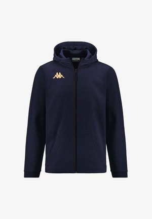 Sweat à zip bleu marine avec une capuche à cordon, doté d'un logo doré sur la poitrine gauche et de deux poches avant. Fabriqué en tissu doux et texturé.