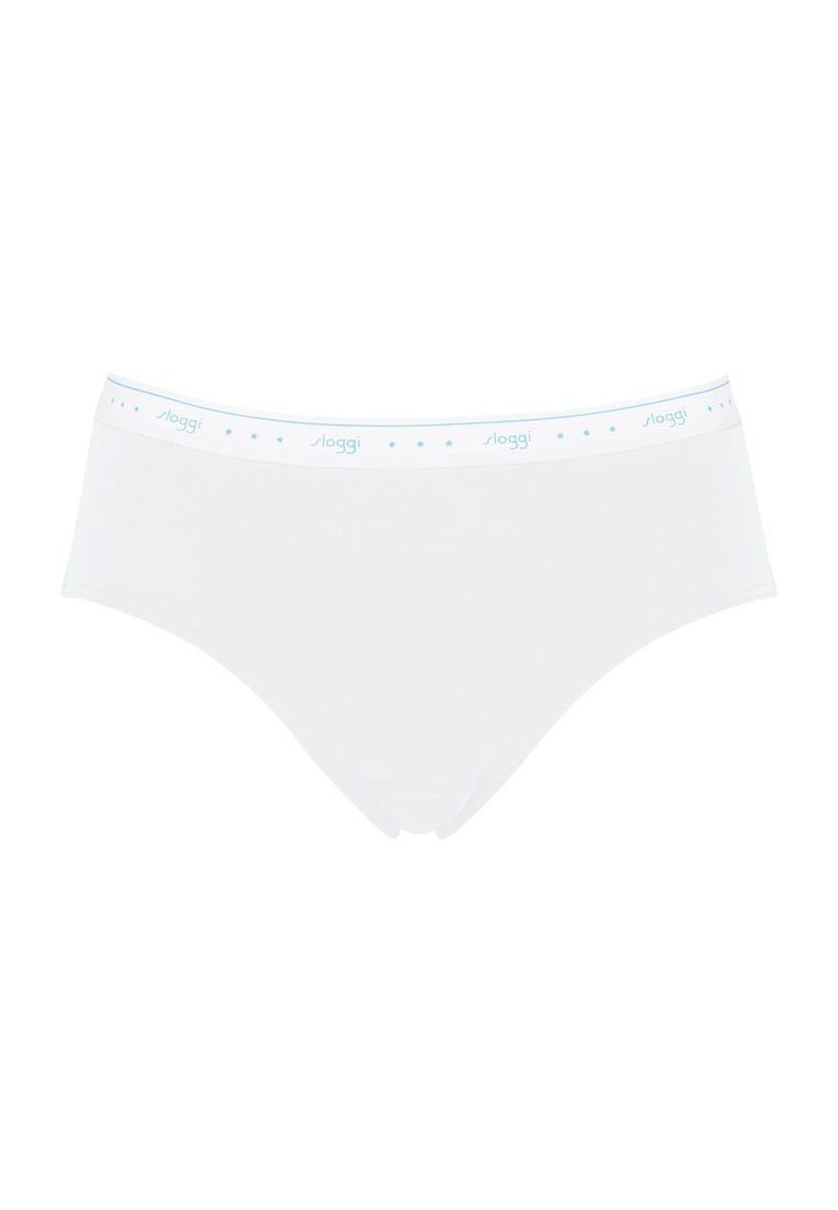 Culotte blanche taille haute avec une ceinture douce dotée de accents bleu clair et d'un motif de points subtil. Fabriquée en tissu extensible pour le confort.