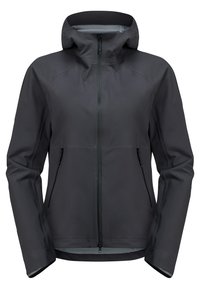 Giacca softshell grigia scura con cappuccio, zip frontale a tutta lunghezza e tasche laterali con zip. Tessuto liscio e vestibilità sagomata con maniche articolate.