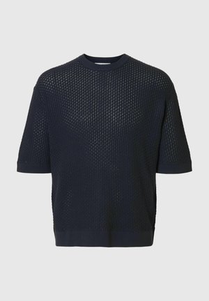 Pull à manches courtes bleu marine en tricot texturé, avec un col rond et des bords-côtes aux poignets et à l'ourlet.