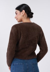 Pruun kohev kampsun ümarate kaeluste ja pikkade varrukatega, mida on kombineeritud siniste teksapükstega, millel on tagataskud. Pehme tekstuur.