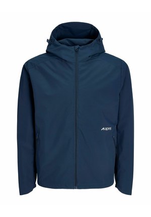 Navy blue hooded jacket with full front zipper, side zip pockets, adjustable hood, and small white logo on the right side.