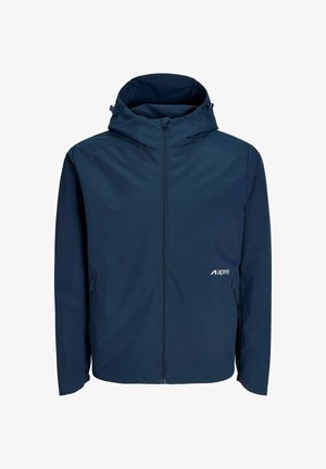 Tmavomodrá bunda s kapucňou a celopredným zipsom, bočné vrecká so zipsom, nastaviteľná kapucňa a malé biele logo na pravej strane.