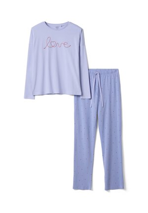 Light purple pajama set with long sleeves top reading "love" in red script and matching pants with small red heart patterns and drawstring waist.