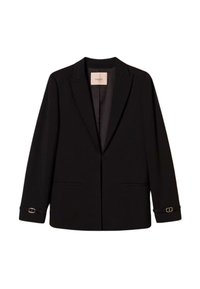 Zwarte blazer van gladde stof, met een getailleerde pasvorm, geklede revers, zijzakken en zilveren hardware-accenten bij de mouwen.