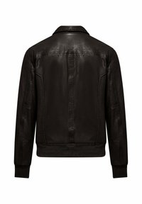 Giacca in pelle nera con colletto classico, polsini e orlo a coste, caratterizzata da una texture liscia e dettagli di cucitura minimali sul retro.