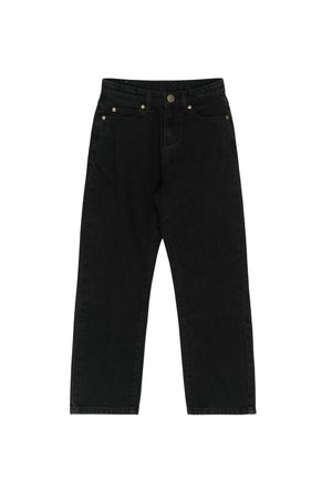 Czarne dżinsy o prostym kroju nogawek, pięć kieszeni, złote akcenty metalowe oraz zapięcie na guzik w talii.