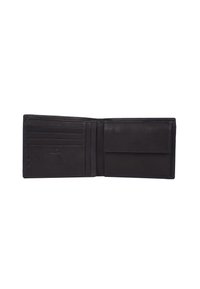 Portafoglio in pelle nera con design a bi-fold. Presenta più slot per carte e un compartimento per banconote, mostrando una texture liscia e dettagli di cucitura.