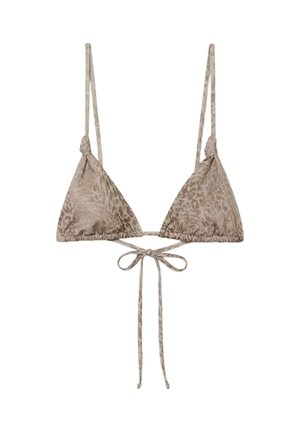 Top bikini a triangolo con sottili spalline regolabili e una sottile stampa leopardata marrone chiaro, legato con un fiocco davanti.