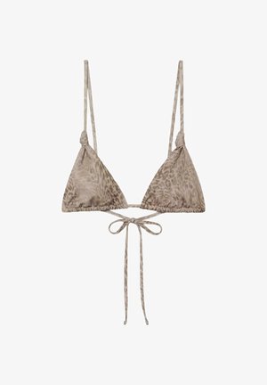 Gornji dio bikinija u obliku trokuta s tankim podesivim naramenicama i suptilnim svijetlo smeđim leopardskim uzorkom, vezanim u mašnu sprijeda.