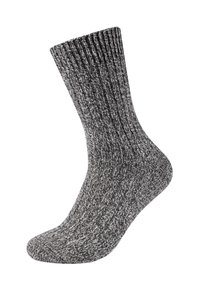 Gray knitted sock with a ribbed texture. Features a reinforced toe and heel for durability. Mid-calf length with a soft, stretchy material.