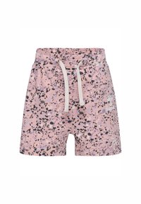 Rosa shorts i tyg med ett spräckligt mönster i svart, lavendel och vitt. Har en elastisk midja med dragsko.