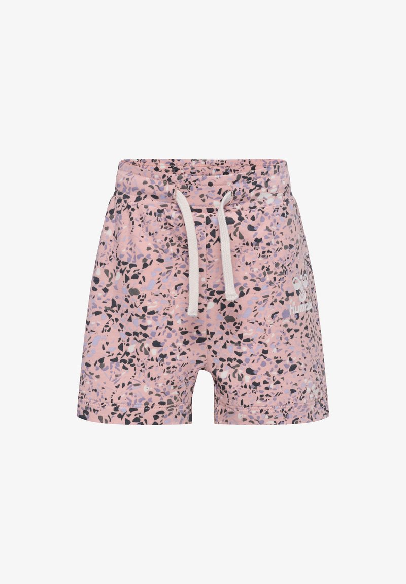 Rosa shorts i tyg med ett spräckligt mönster i svart, lavendel och vitt. Har en elastisk midja med dragsko.
