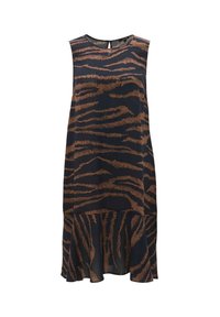 Robe bleu marine sans manches avec motif rayures de tigre marron, col rond, dos avec ouverture en forme de trou de serrure et ourlet évasé à volants.