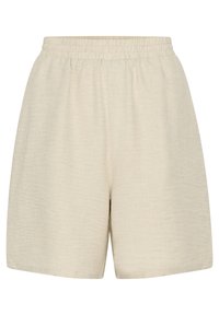 Shorts beiges en tissu léger avec une texture douce. Dotés d'une taille élastique et d'une coupe ample et décontractée.