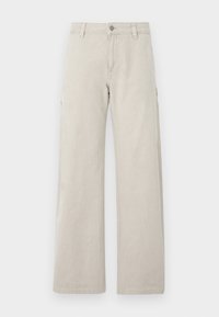 Beige cargo pants with a straight, wide-leg design, featuring side pockets and a button closure, made from sturdy cotton material.