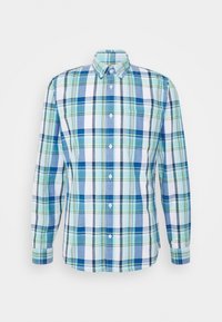 Blauwe en groene geruite overhemd met lange mouwen, gemaakt van katoen, met een button-down kraag, een zak op de borst en witte knopen.