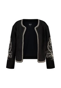 Zwarte open voorjas met witte decoratieve bies langs de randen en ingewikkelde witte bloemenborduursels op de mouwen.