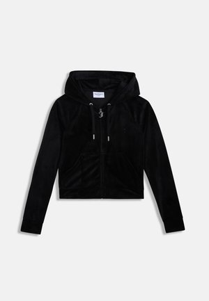 Zwarte cropped hoodie gemaakt van zachte veloursstof. Voorzien van een ritssluiting aan de voorkant, verstelbare capuchon met trekkoorden en twee voorzakken.