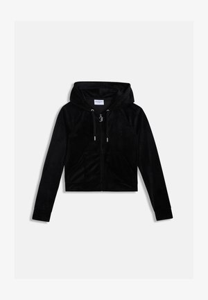 Zwarte cropped hoodie gemaakt van zachte veloursstof. Voorzien van een ritssluiting aan de voorkant, verstelbare capuchon met trekkoorden en twee voorzakken.