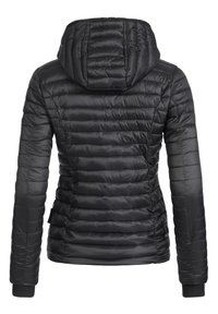 Veste matelassée noire avec capuche, manches longues et poignets côtelés vue de dos sur fond blanc.