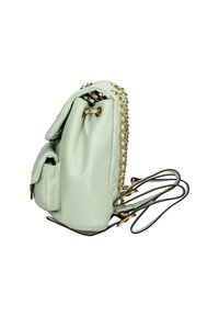 Borsa a mano in ecopelle verde chiaro con design trapuntato, dettagli in catena dorata e chiusura con cordoncino. Include una tasca laterale e una lunga tracolla.