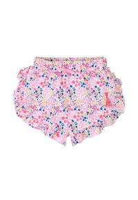Shorts rosa floreali con bordi arricciati, caratterizzati da un mix di piccoli fiori blu, gialli e rosa, e un piccolo ricamo a forma di giraffa.