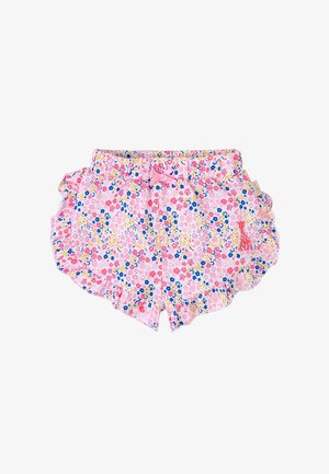 Shorts rosa floreali con bordi arricciati, caratterizzati da un mix di piccoli fiori blu, gialli e rosa, e un piccolo ricamo a forma di giraffa.