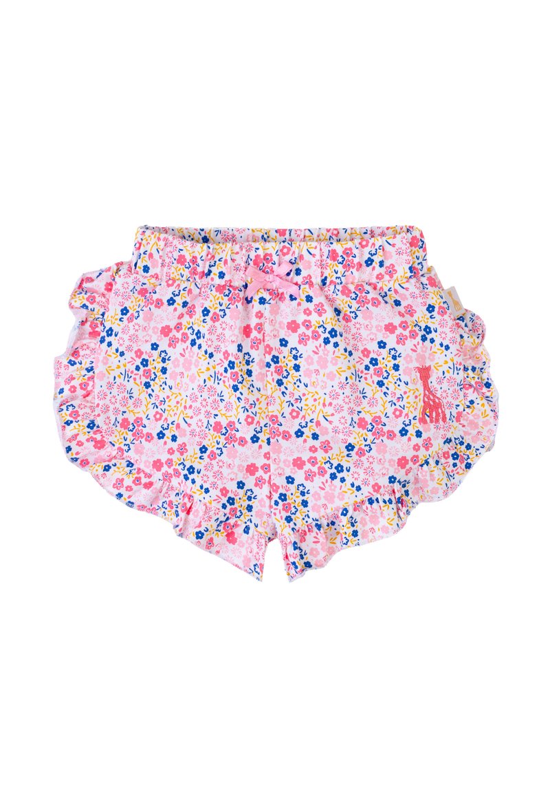 Shorts rosa floreali con bordi arricciati, caratterizzati da un mix di piccoli fiori blu, gialli e rosa, e un piccolo ricamo a forma di giraffa.