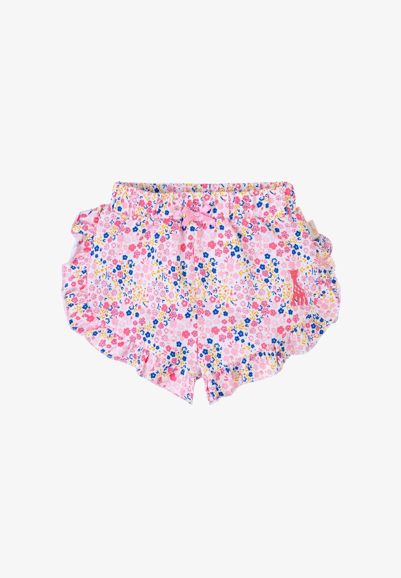 Shorts rosa floreali con bordi arricciati, caratterizzati da un mix di piccoli fiori blu, gialli e rosa, e un piccolo ricamo a forma di giraffa.