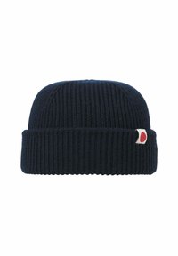 Navy blue knitted beanie with a ribbed texture and a folded cuff. It features a small red and white logo patch on the side.