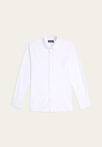 Witte lange mouw button-up blouse van gladde stof met een klassieke kraag en lichtbeige knopen, zonder patronen of accenten.