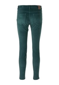 Dark teal, slim-fit trousers made from soft, stretchy material. Features two back pockets and a leather brand tag on the waistband.