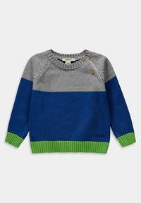 Sweter dzianinowy w kolorze blokowym; szary, niebieski i zielony. Posiada okrągły dekolt, ściągacze na mankietach i dwa dekoracyjne guziki.