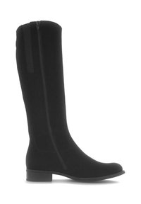 Bota negra a la altura de la rodilla hecha de un material suave, con cremallera lateral, tacón plano, punta redondeada y un diseño minimalista sin adornos.