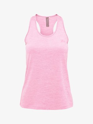 Lichtroze dames racerback mouwloze tanktop met subtiele gemêleerde textuur en klein logo vlak bij de borst.