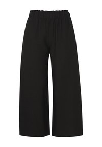 Zwarte wijde broek gemaakt van zacht materiaal, met een elastische tailleband voor comfort. Minimalistisch ontwerp zonder zichtbare patronen of accenten.
