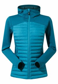 Teal geïsoleerde jas met een aansluitend ontwerp, ribgebreide mouwen, rits voorkant en vaste capuchon. Bevat zijzakken en een slanke, textuurafwerking.