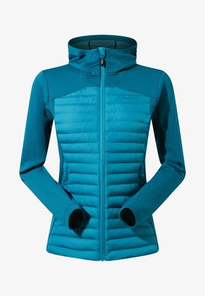 Türkise, isolierte Jacke mit taillierter Passform, gerippten Ärmeln, Reißverschluss vorne und abnehmbarer Kapuze. Verfügt über seitliche Taschen und ein elegantes, strukturiertes Finish.